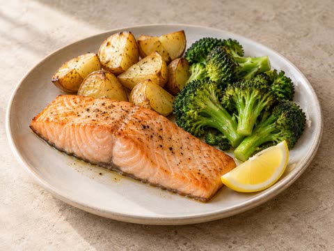 Salmon with roast potatoes and broccoli