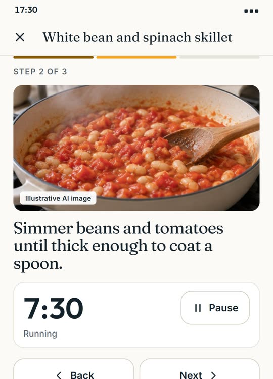 Cook mode: White bean and spinach skillet, step 2 of 3 with a running timer, and three separate saves: Cooked, Ate it, Save leftovers