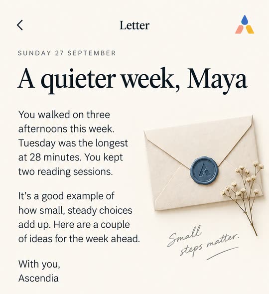 The Sunday letter: A quieter week, Maya. You walked on three afternoons this week; Tuesday was the longest