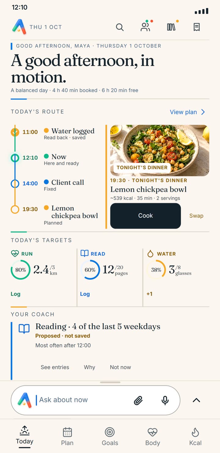 Today at 12:10: water logged, the run ring partly filled, dinner card with Cook