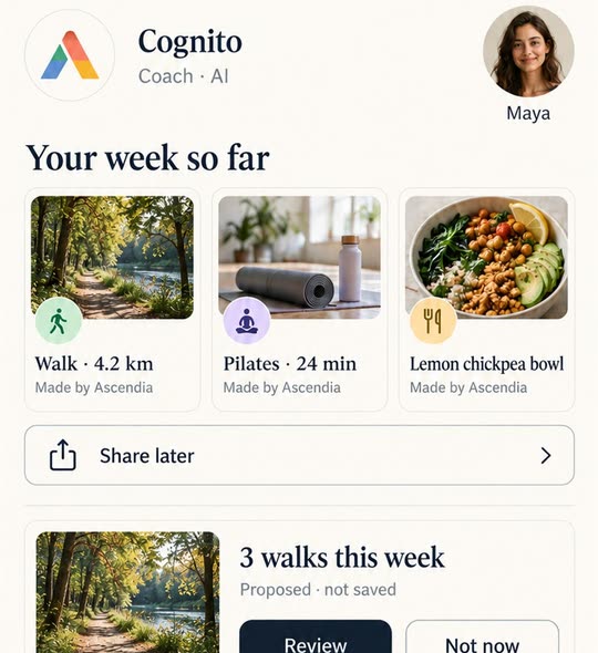 Together before friends join: Cognito, Coach · AI, as the first partner, your week so far, and a proposed goal of 3 walks this week